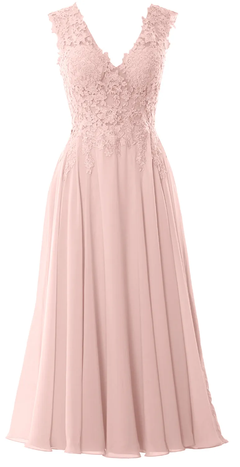 MACloth Women V Neck Lace Mother Bride Dresses Midi Tea Length Wedding Dinner