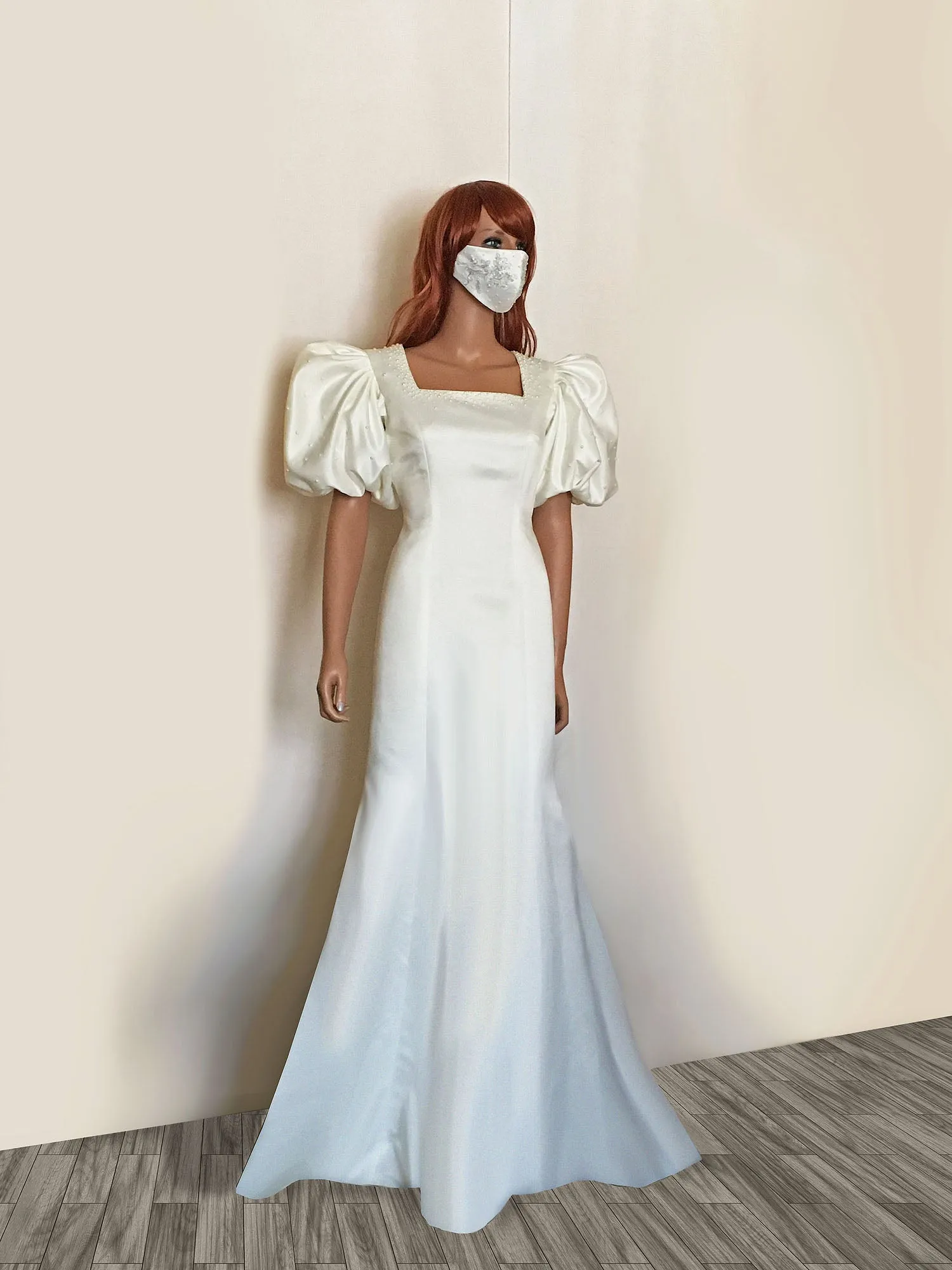 Marais Gown Pearl Embellished with Puff Sleeve, Square Neckline