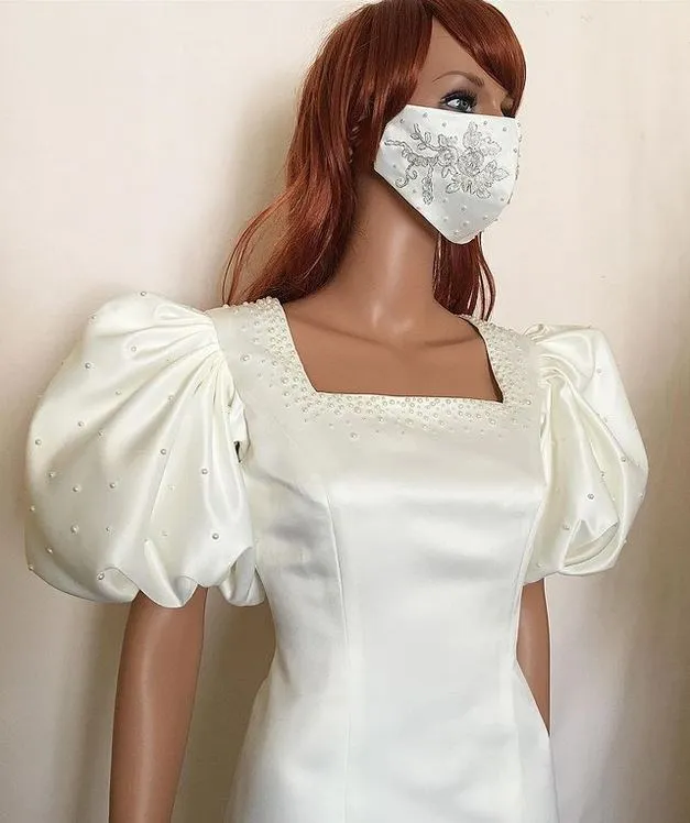 Marais Gown Pearl Embellished with Puff Sleeve, Square Neckline
