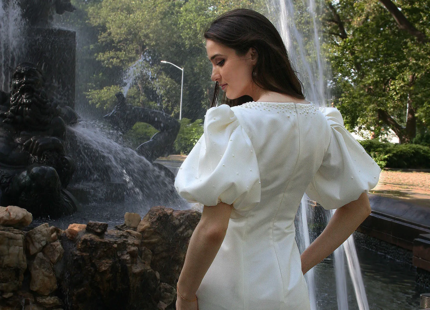 Marais Gown Pearl Embellished with Puff Sleeve, Square Neckline