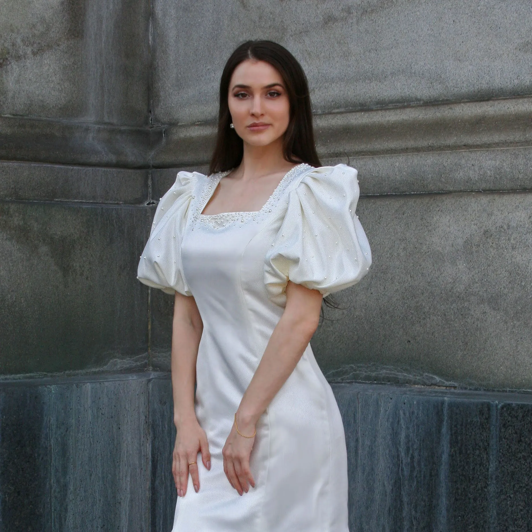 Marais Gown Pearl Embellished with Puff Sleeve, Square Neckline