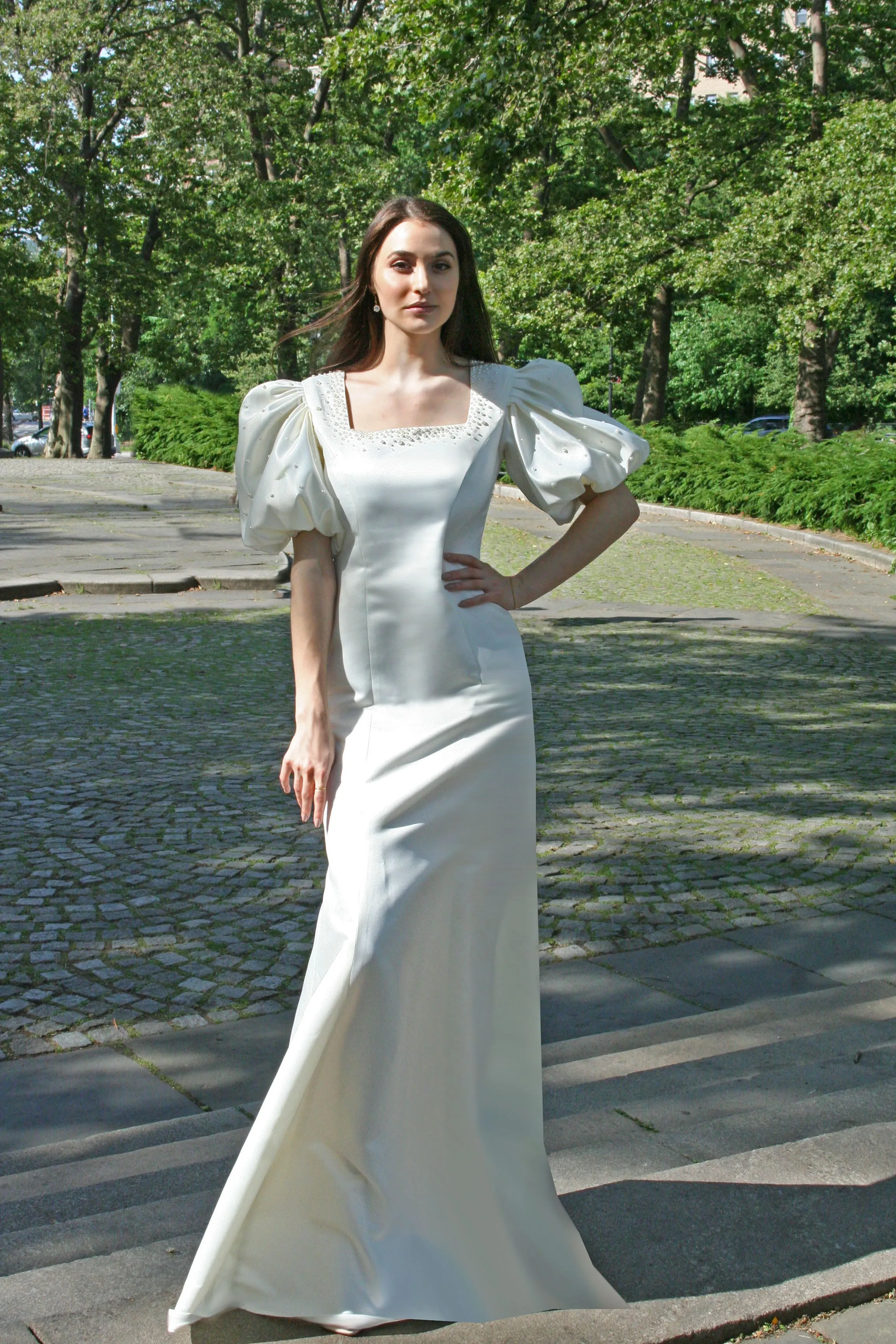 Marais Gown Pearl Embellished with Puff Sleeve, Square Neckline