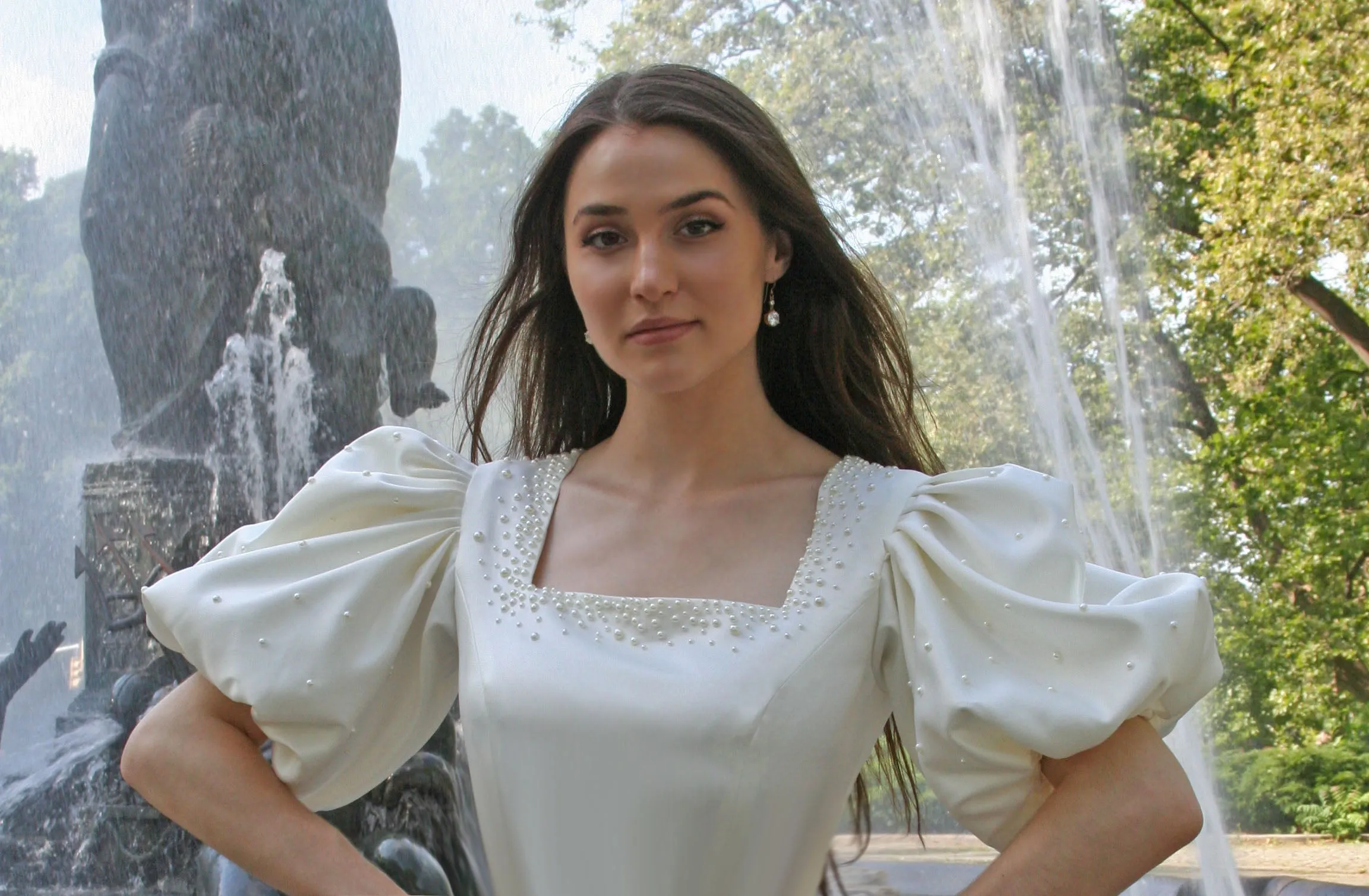 Marais Gown Pearl Embellished with Puff Sleeve, Square Neckline