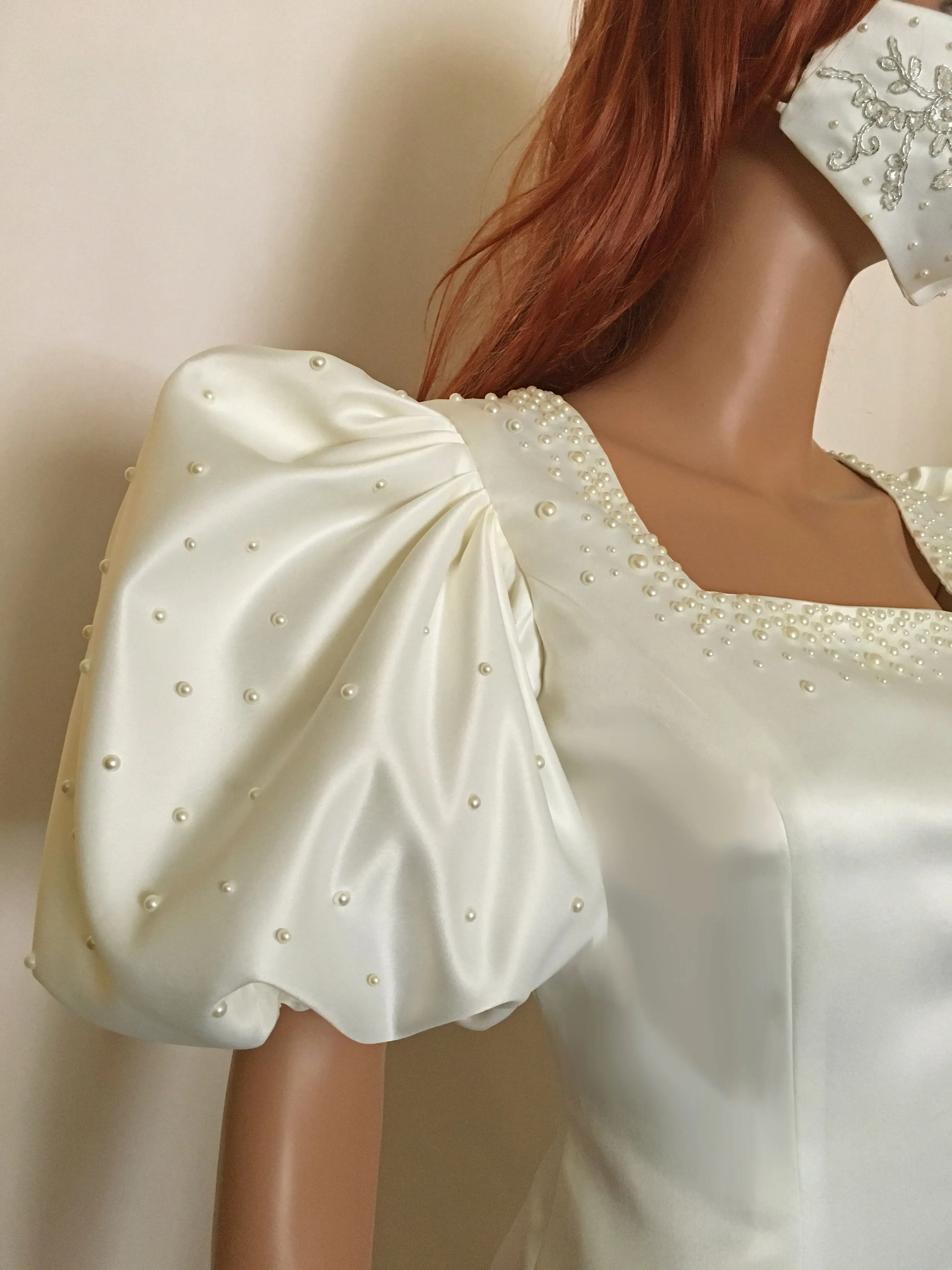 Marais Gown Pearl Embellished with Puff Sleeve, Square Neckline