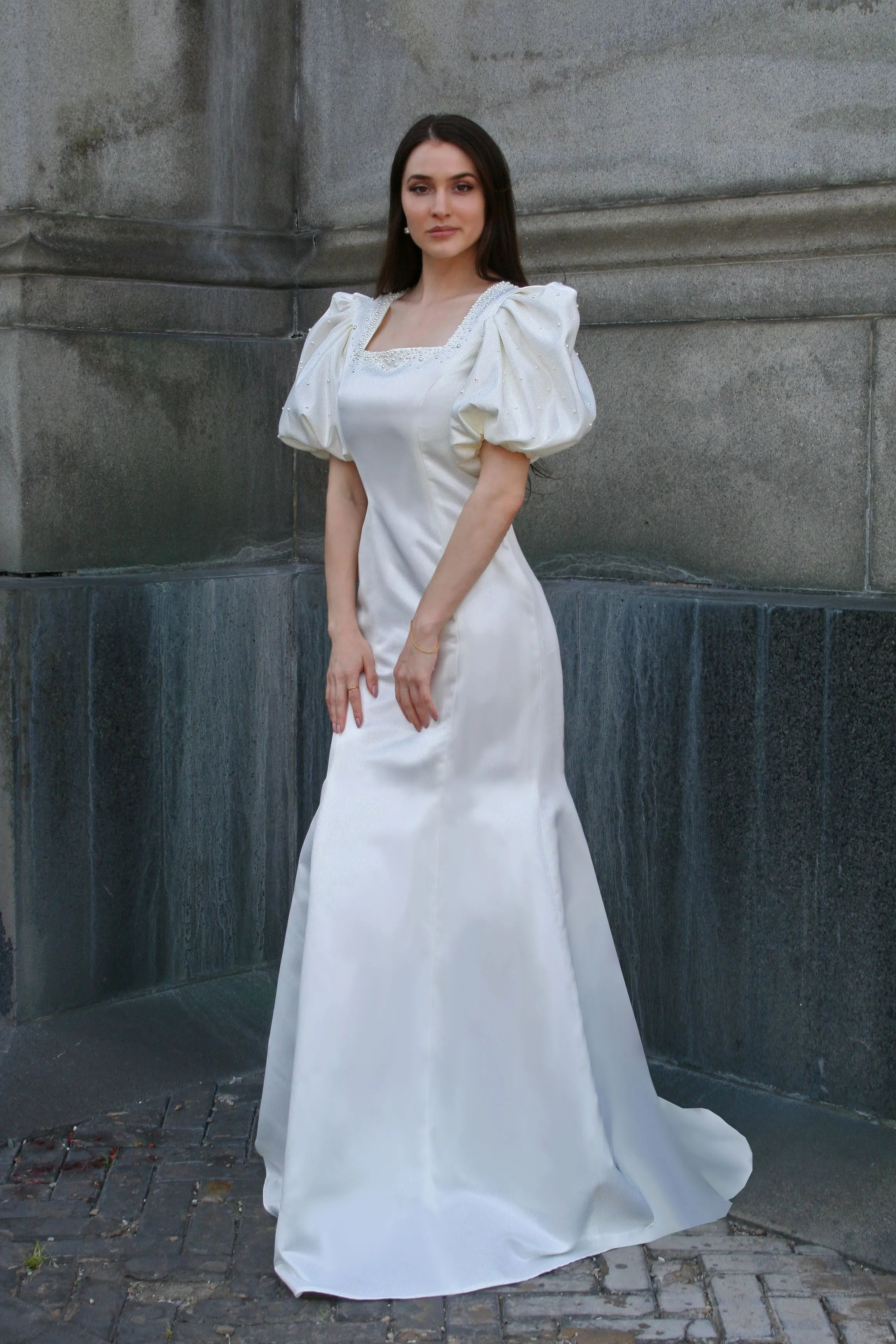Marais Gown Pearl Embellished with Puff Sleeve, Square Neckline