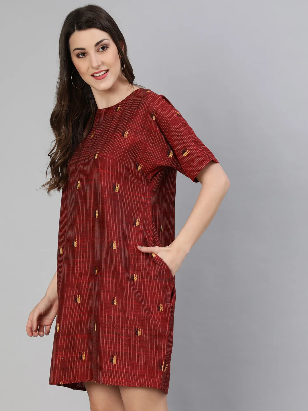 Maroon Yarn Dyed Self Weave Asymetrical Dress