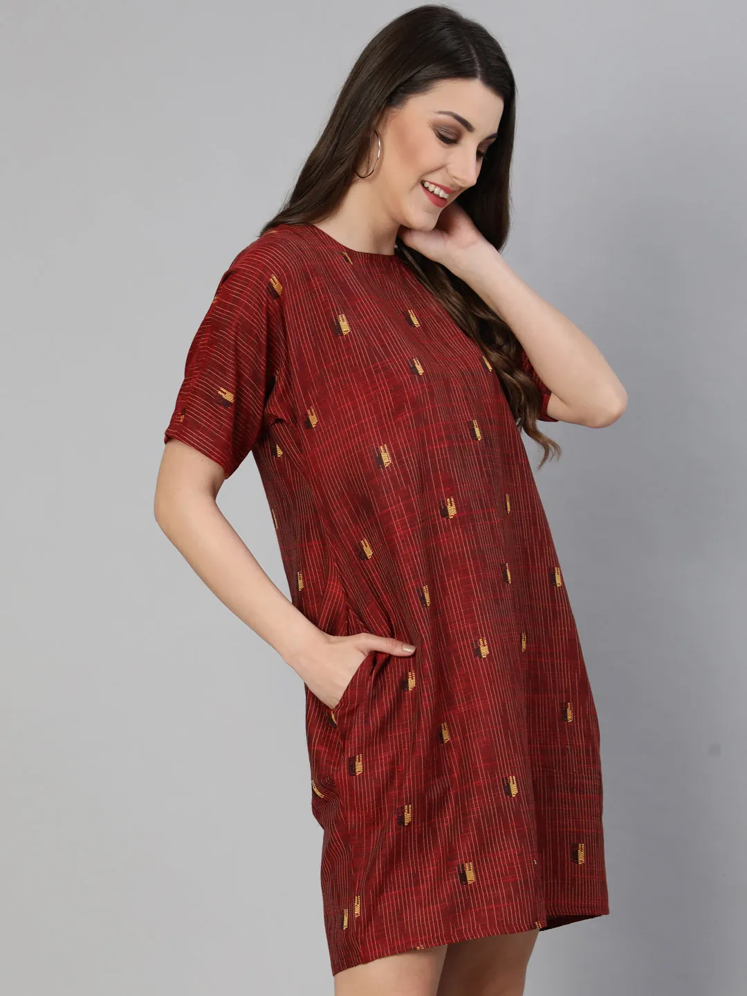 Maroon Yarn Dyed Self Weave Asymetrical Dress