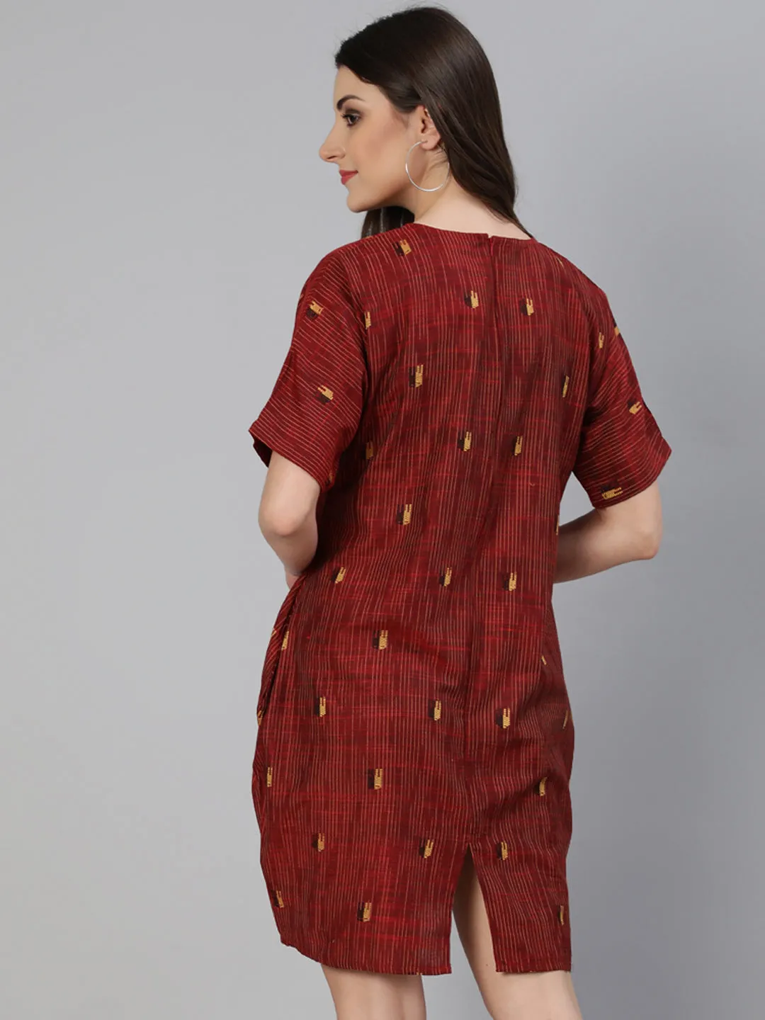 Maroon Yarn Dyed Self Weave Asymetrical Dress