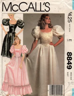 McCall's 8849 Womens Puffy Sleeved Full Skirt Wedding or Bridesmaids Dress Gown 1980s Vintage Sewing Pattern Size 12 Bust 34 inches
