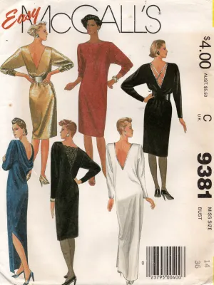 McCall's 9381 Womens Plunge Back Pullover Evening Dresses 1980s Vintage Sewing Pattern Size 14 Bust 36 Inches UNCUT Factory Folded