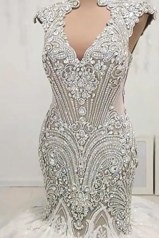 Mermaid V-neck Floor Length Backless Tulle Beading Applique Wedding Dress