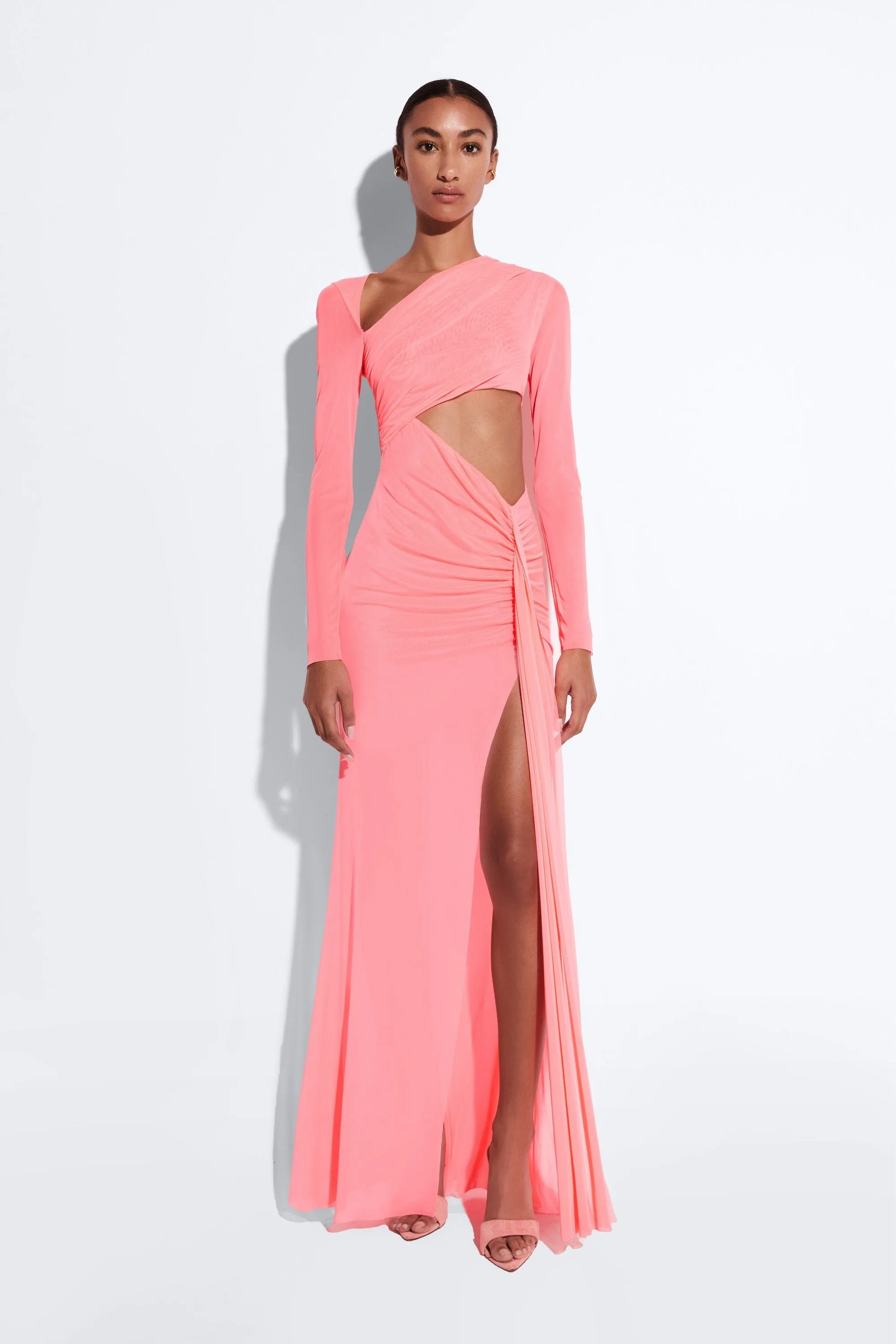 Mesh Asymmetric Cut Out Ruched Gown