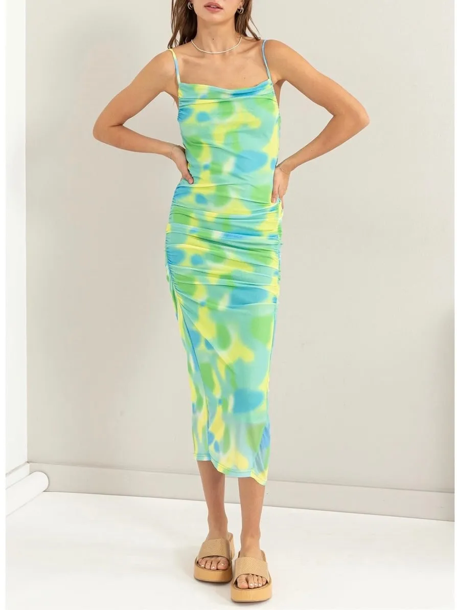 Mesh Tie Dye Midi Dress - Green Multi FINAL SALE
