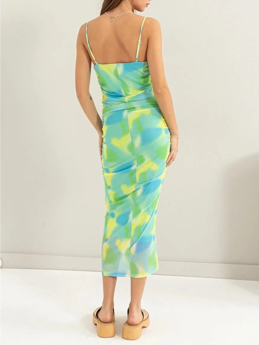 Mesh Tie Dye Midi Dress - Green Multi FINAL SALE