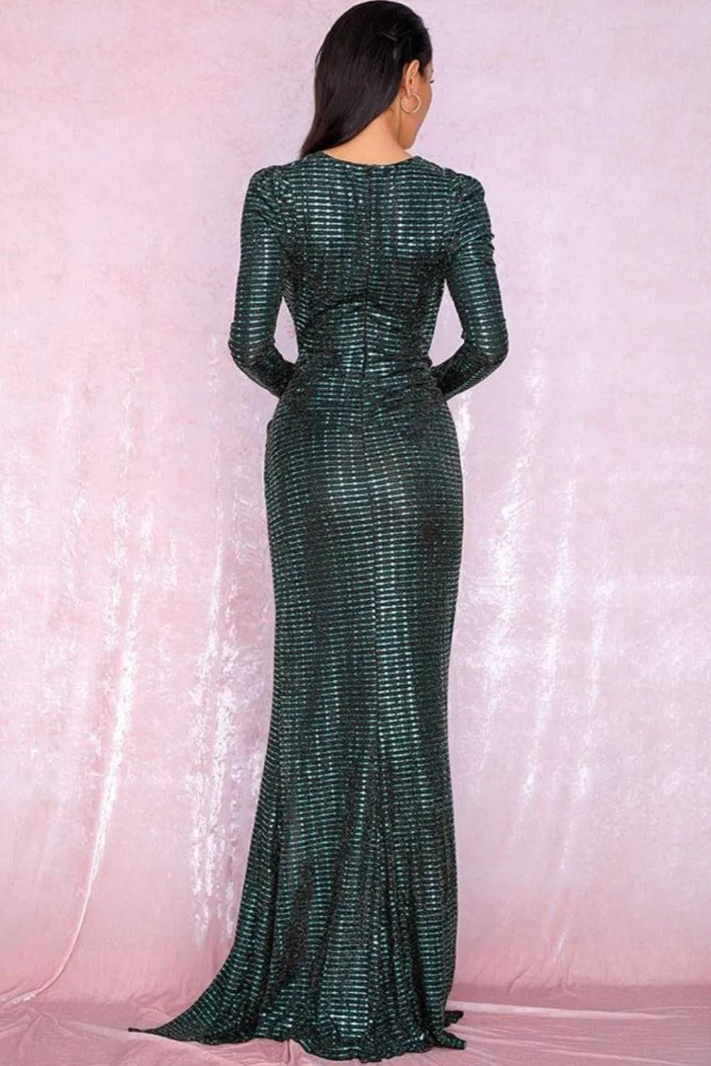 Metallic Glitter Sequin Puff Sleeve High Slit Green Maxi Dress