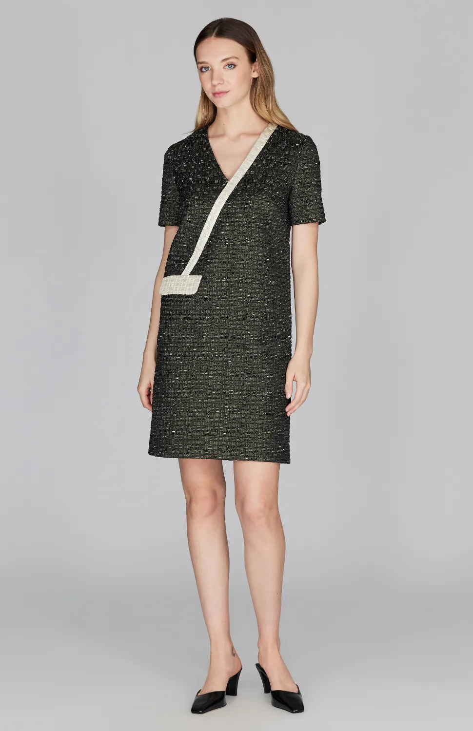 Metallic Tweed Color Blocked Short Sleeve Shift Dress