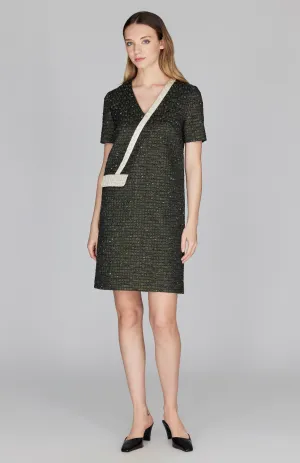 Metallic Tweed Color Blocked Short Sleeve Shift Dress