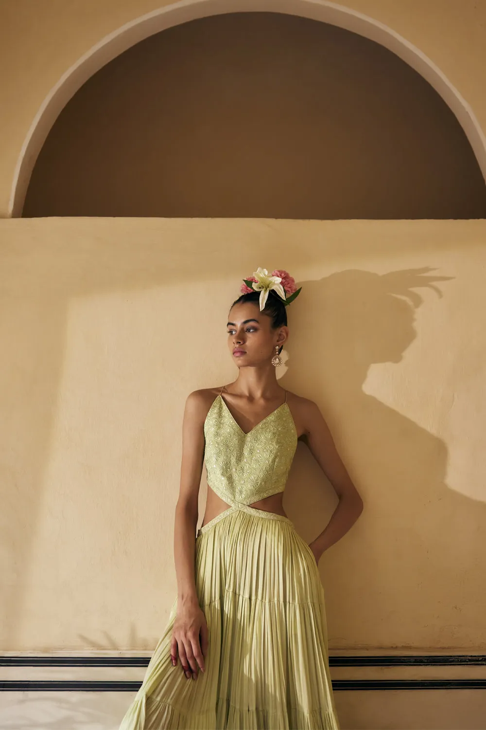 Mint Resham Work Tiered Dress