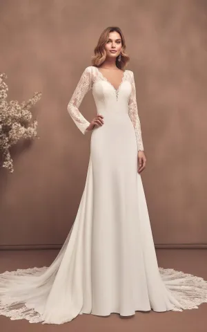 Modern Floral A-Line Boho Lace Satin Sleeved Wedding Dress Sexy Elegant V-Neck Button Back Floor Length Bridal Gown with Court Train