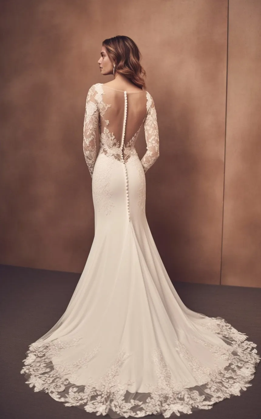 Modern Floral A-Line Boho Lace Satin Sleeved Wedding Dress Sexy Elegant V-Neck Button Back Floor Length Bridal Gown with Court Train