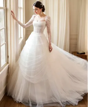 Morris - Peal-Enchanted Tulle Long-Sleeve Wedding Gown with Bow Train