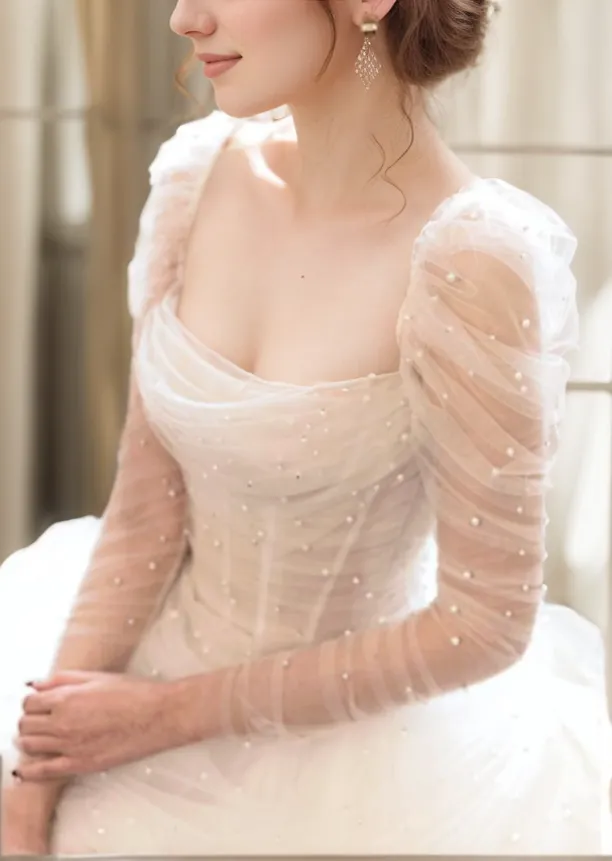 Morris - Peal-Enchanted Tulle Long-Sleeve Wedding Gown with Bow Train