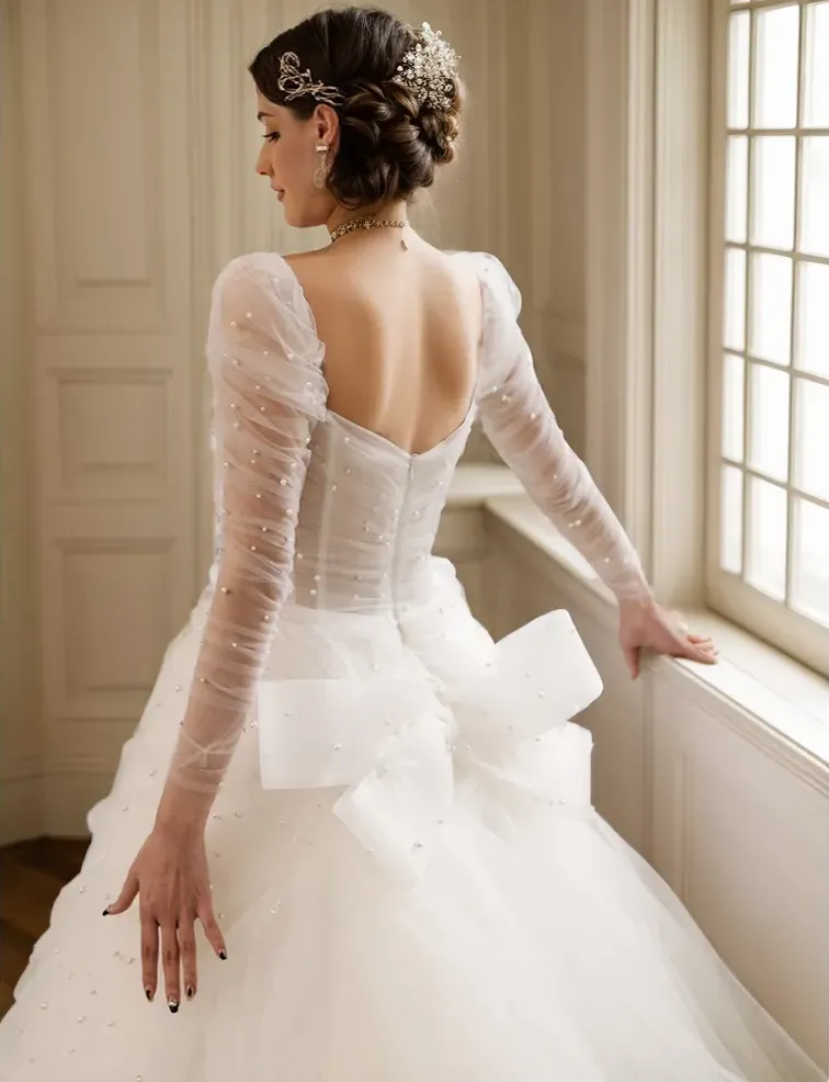 Morris - Peal-Enchanted Tulle Long-Sleeve Wedding Gown with Bow Train