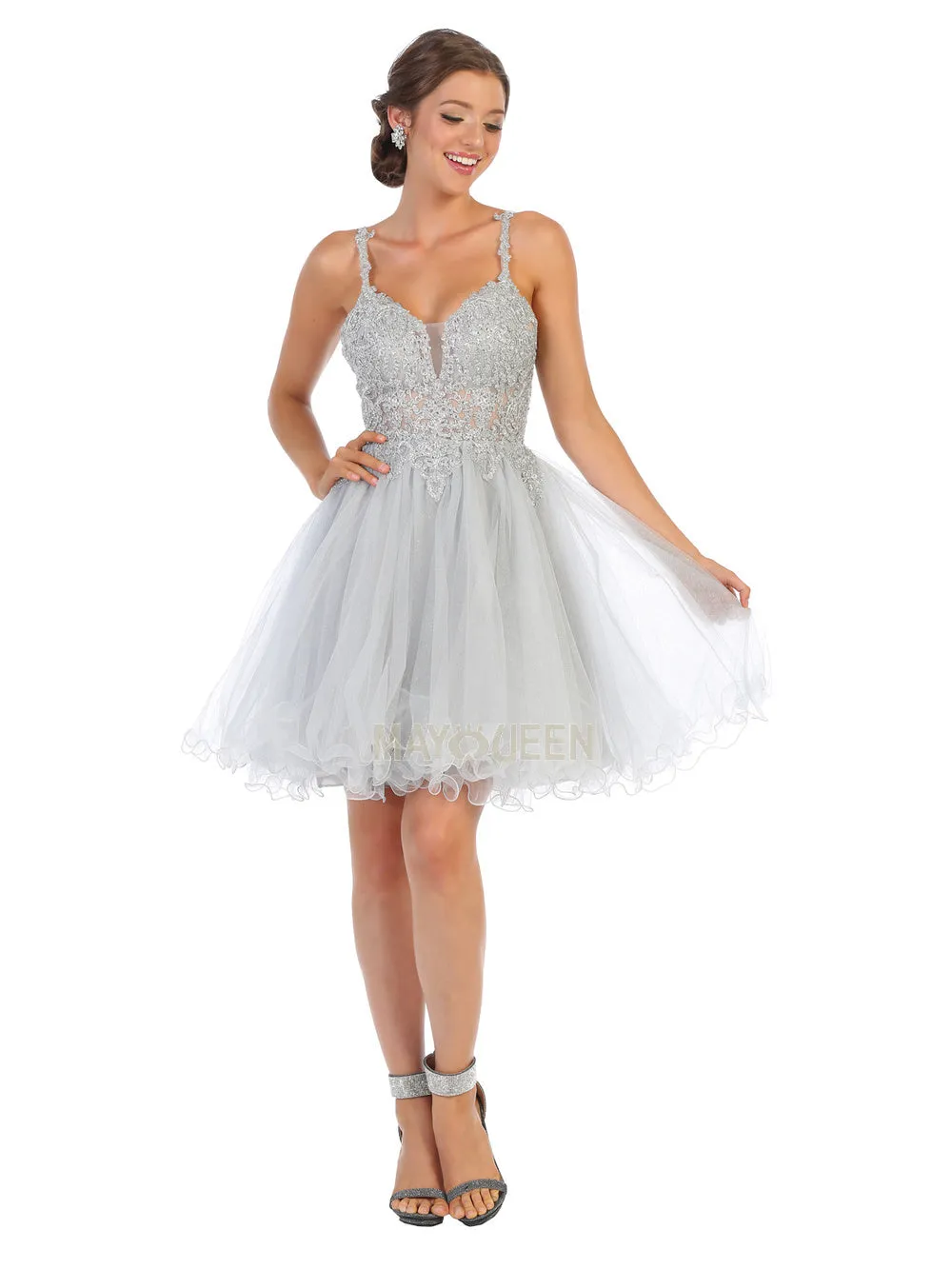MQ 1693 - Bead & Lace Embellished Homecoming Dress with V-Neck & Layered Glitter Tulle Skirt