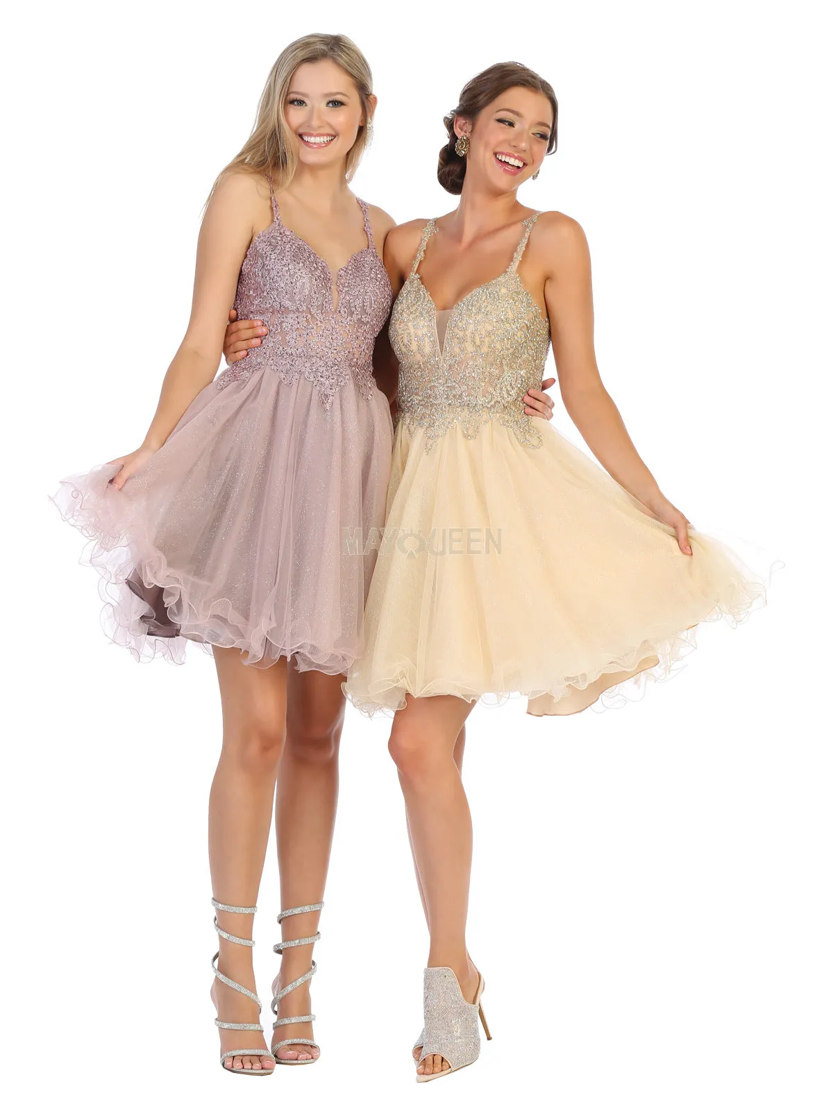 MQ 1693 - Bead & Lace Embellished Homecoming Dress with V-Neck & Layered Glitter Tulle Skirt