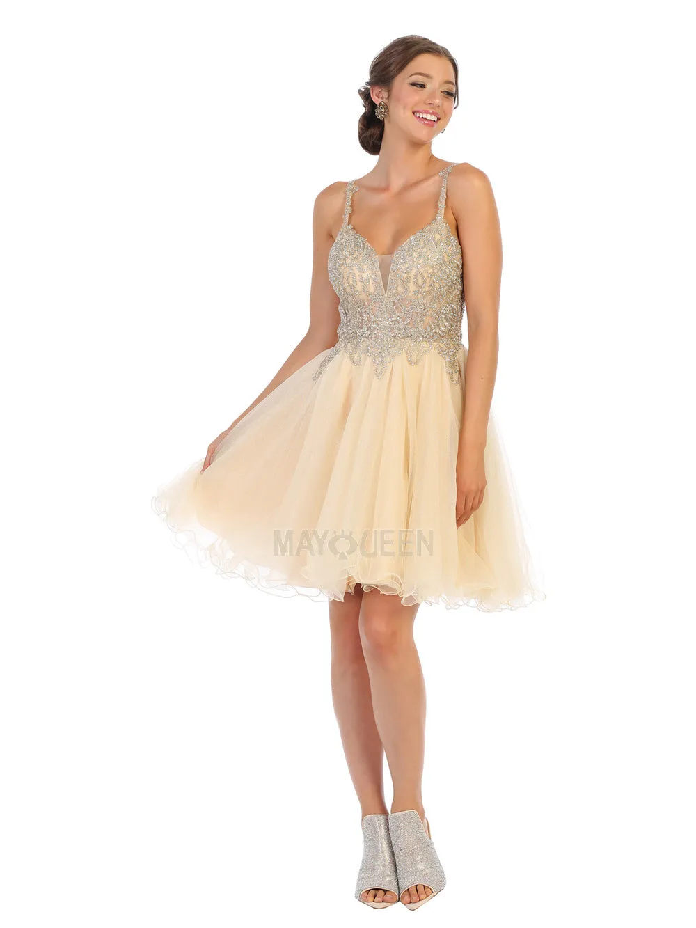 MQ 1693 - Bead & Lace Embellished Homecoming Dress with V-Neck & Layered Glitter Tulle Skirt