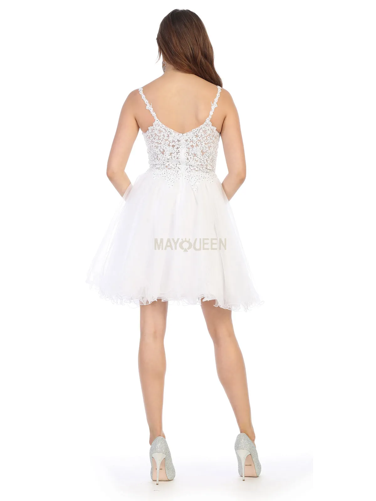MQ 1693 - Bead & Lace Embellished Homecoming Dress with V-Neck & Layered Glitter Tulle Skirt