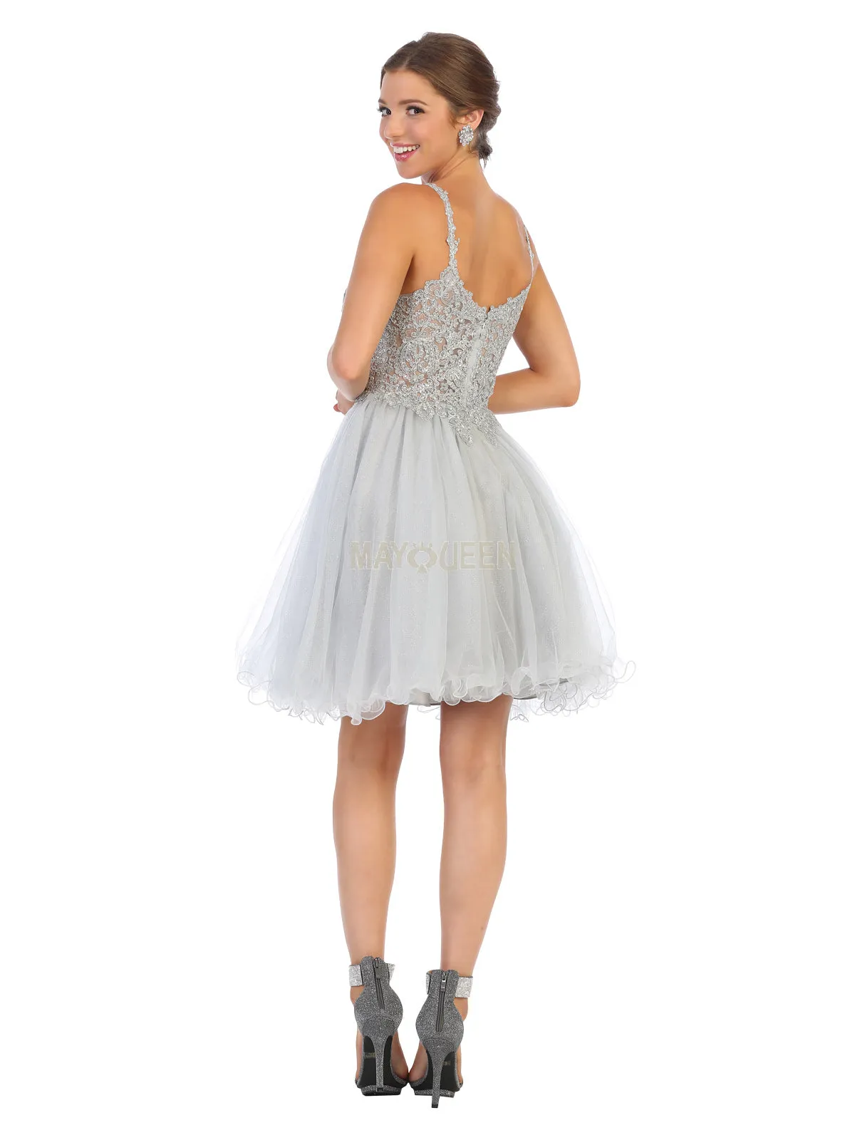 MQ 1693 - Bead & Lace Embellished Homecoming Dress with V-Neck & Layered Glitter Tulle Skirt