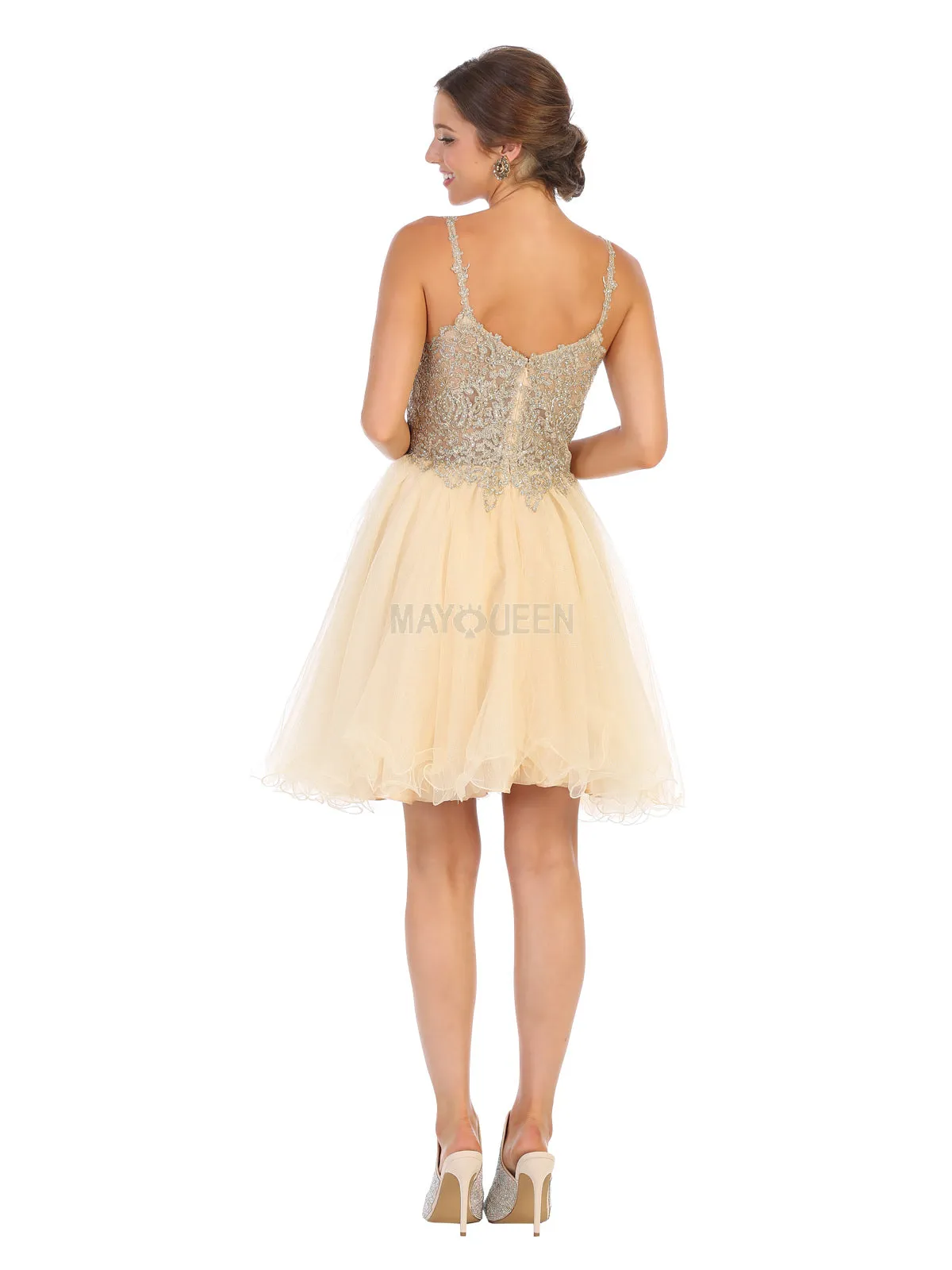 MQ 1693 - Bead & Lace Embellished Homecoming Dress with V-Neck & Layered Glitter Tulle Skirt