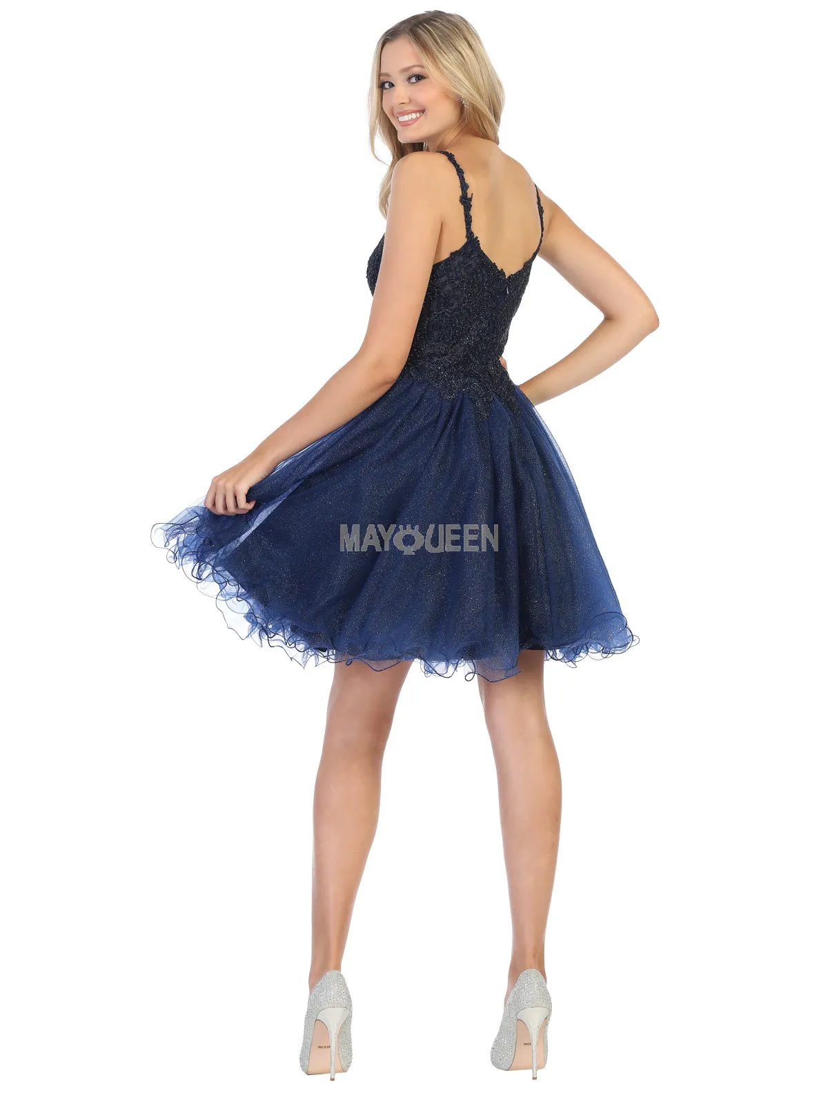 MQ 1693 - Bead & Lace Embellished Homecoming Dress with V-Neck & Layered Glitter Tulle Skirt