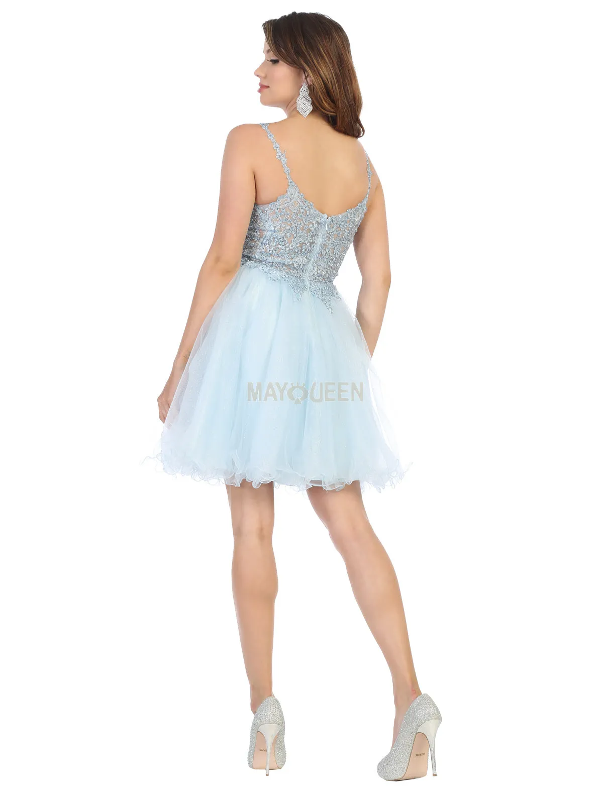 MQ 1693 - Bead & Lace Embellished Homecoming Dress with V-Neck & Layered Glitter Tulle Skirt