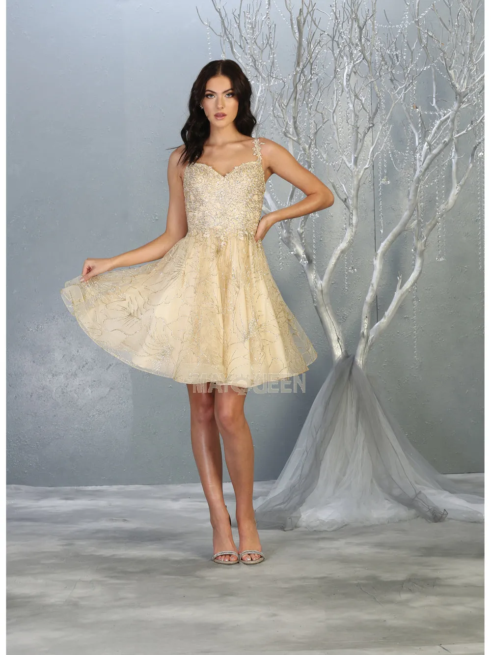 MQ 1753 - Short Glitter Print Homecoming Dress with Applique V-Neck Bodice