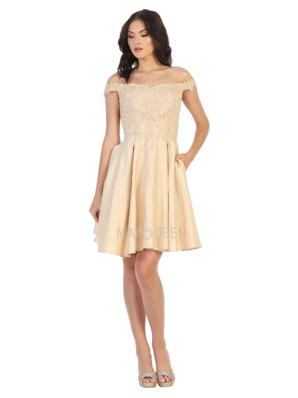 MQ 1766 - Satin Off the Shoulder Homecoming Dress with Lace Applique Bodice & Pockets