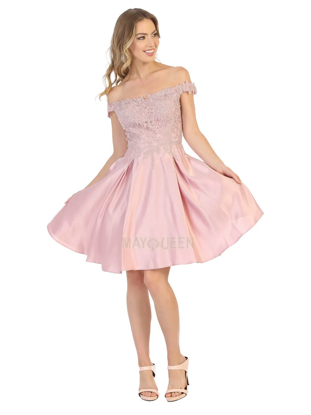 MQ 1766 - Satin Off the Shoulder Homecoming Dress with Lace Applique Bodice & Pockets