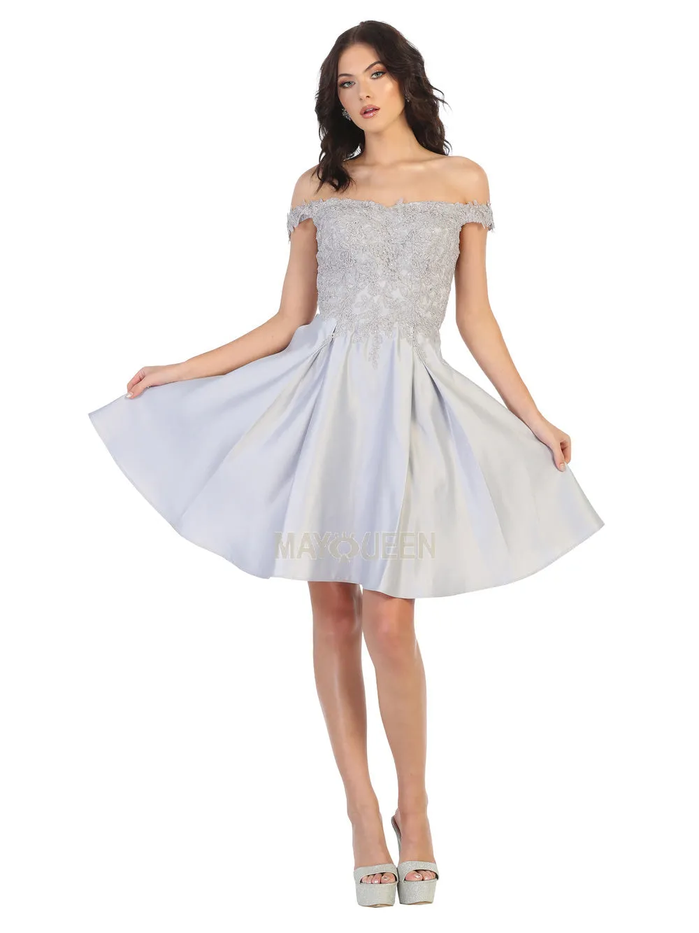 MQ 1766 - Satin Off the Shoulder Homecoming Dress with Lace Applique Bodice & Pockets