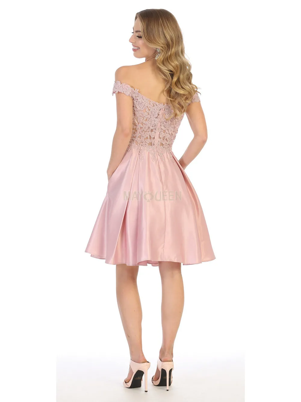 MQ 1766 - Satin Off the Shoulder Homecoming Dress with Lace Applique Bodice & Pockets