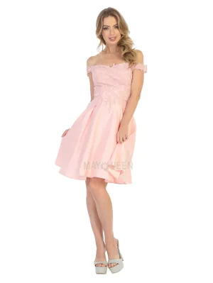MQ 1766 - Satin Off the Shoulder Homecoming Dress with Lace Applique Bodice & Pockets
