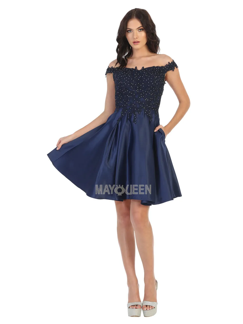 MQ 1766 - Satin Off the Shoulder Homecoming Dress with Lace Applique Bodice & Pockets