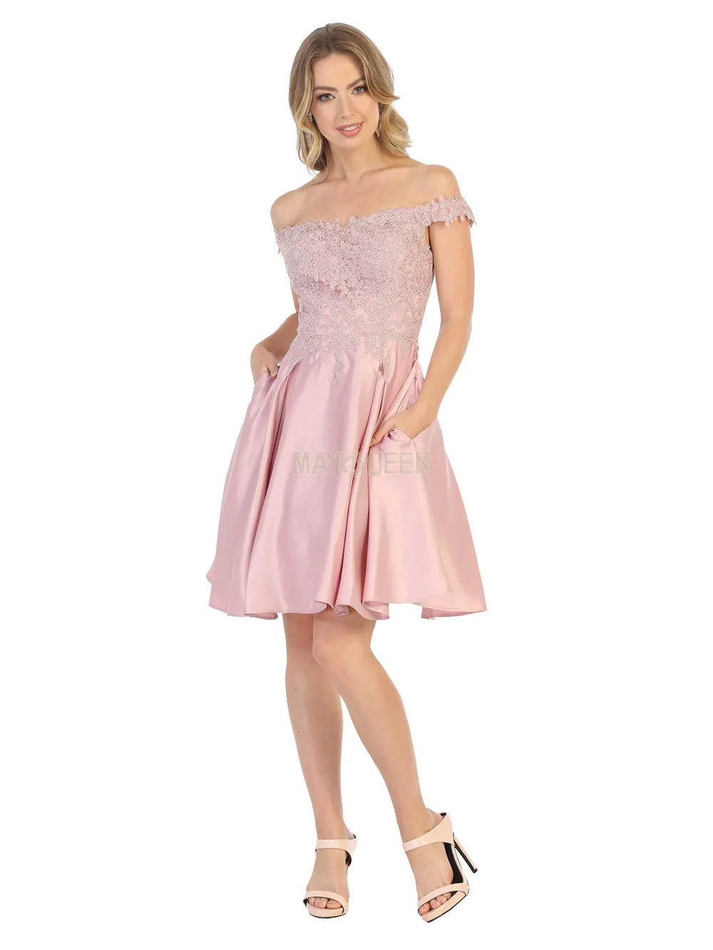 MQ 1766 - Satin Off the Shoulder Homecoming Dress with Lace Applique Bodice & Pockets