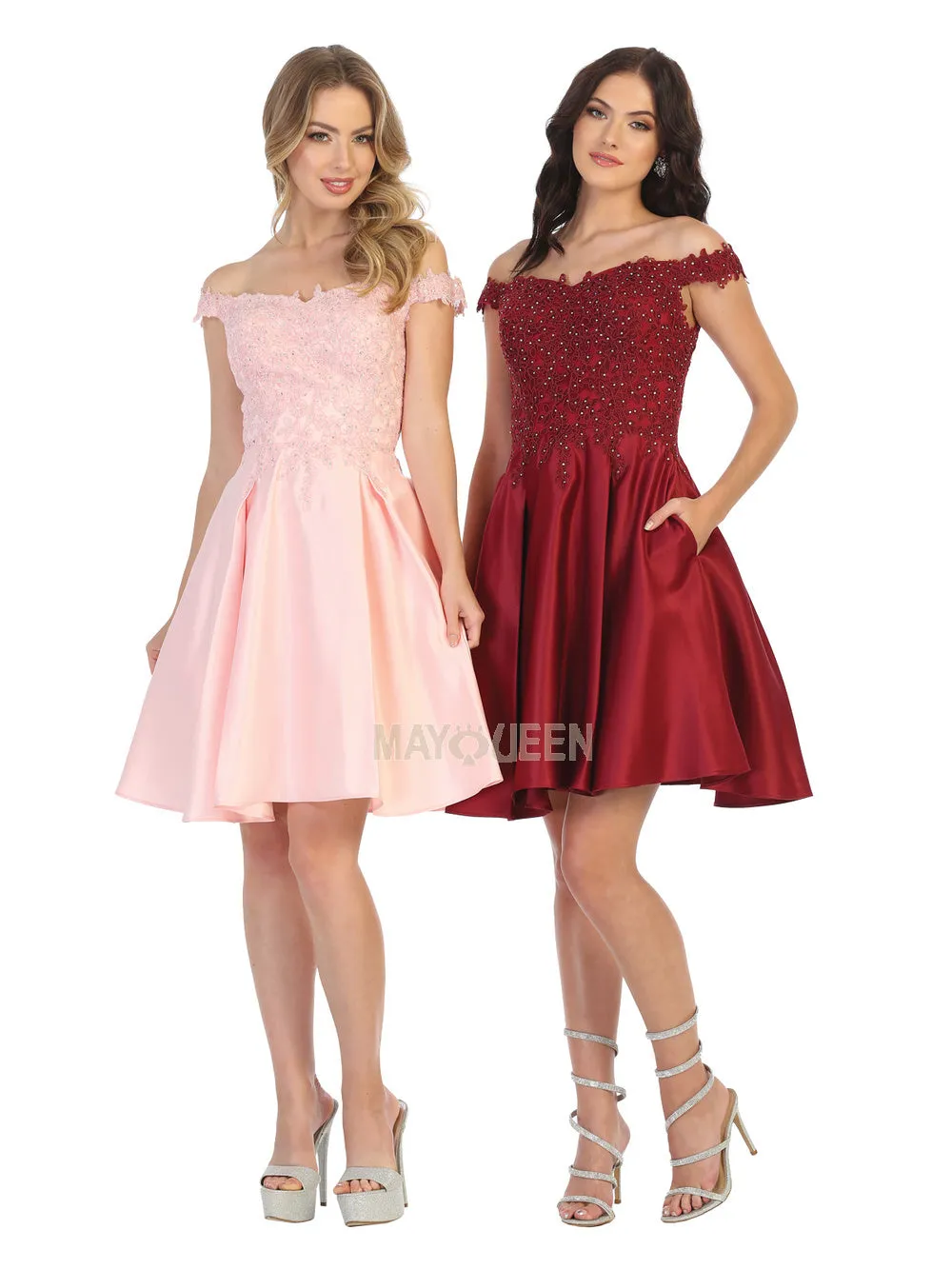 MQ 1766 - Satin Off the Shoulder Homecoming Dress with Lace Applique Bodice & Pockets