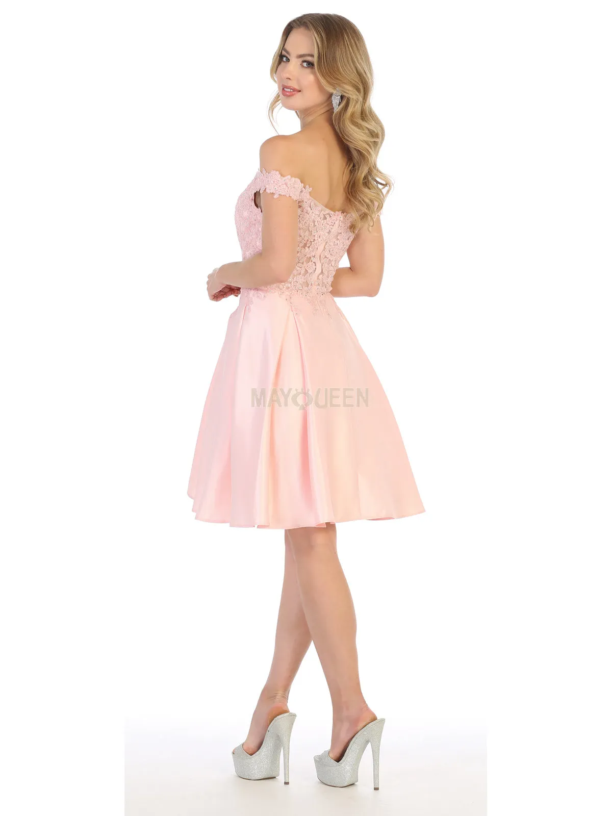 MQ 1766 - Satin Off the Shoulder Homecoming Dress with Lace Applique Bodice & Pockets