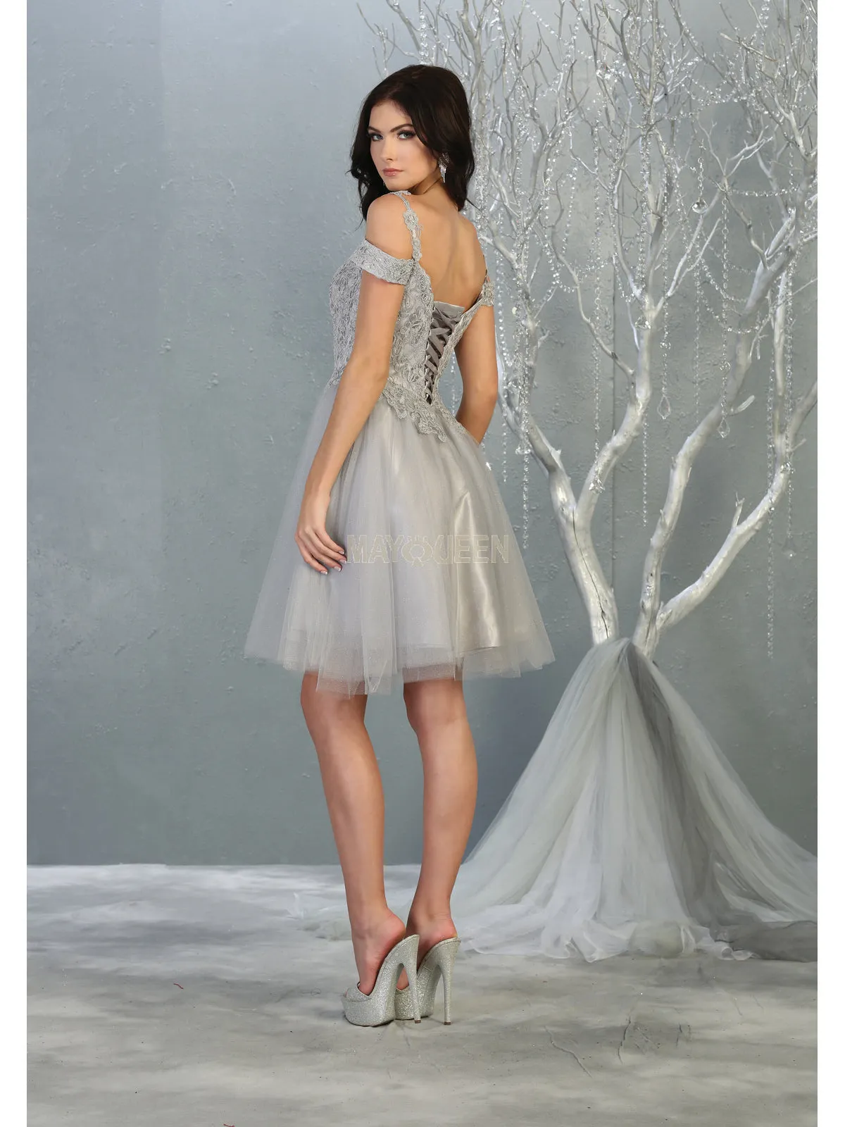 MQ 1809 - Off the Shoulder Tulle Homecoming Dress with Embroidered Lace Bodice & Corset Back