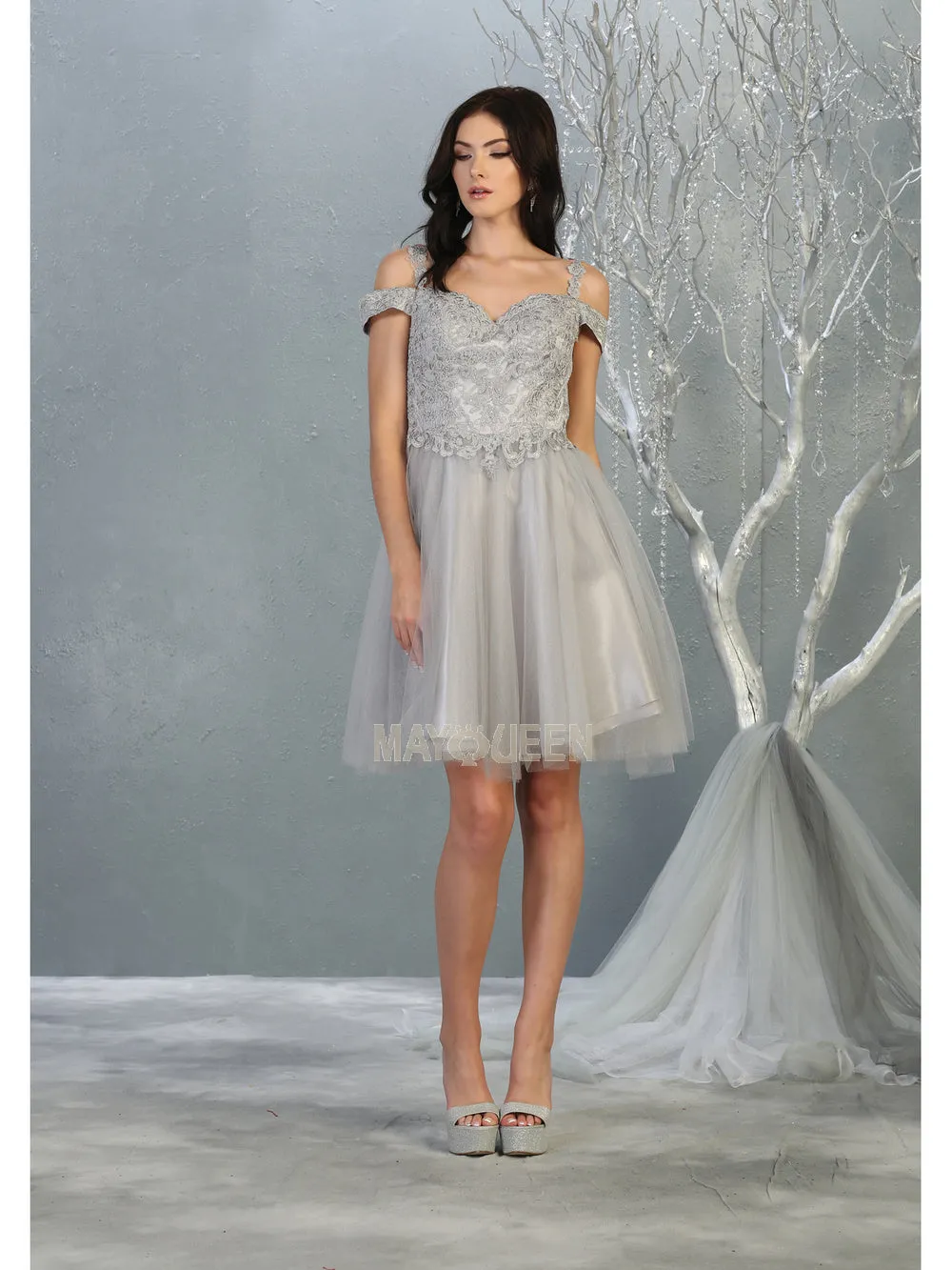 MQ 1809 - Off the Shoulder Tulle Homecoming Dress with Embroidered Lace Bodice & Corset Back