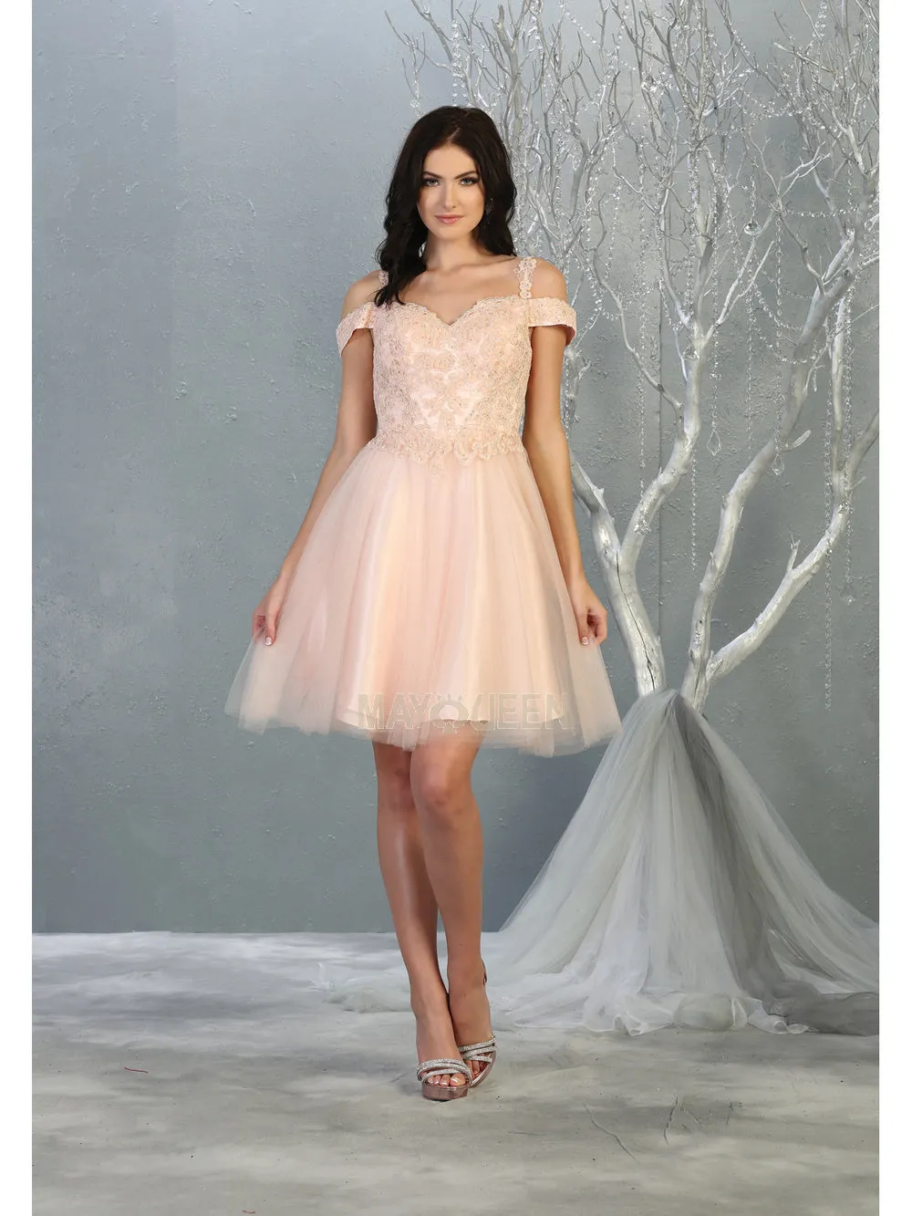 MQ 1809 - Off the Shoulder Tulle Homecoming Dress with Embroidered Lace Bodice & Corset Back