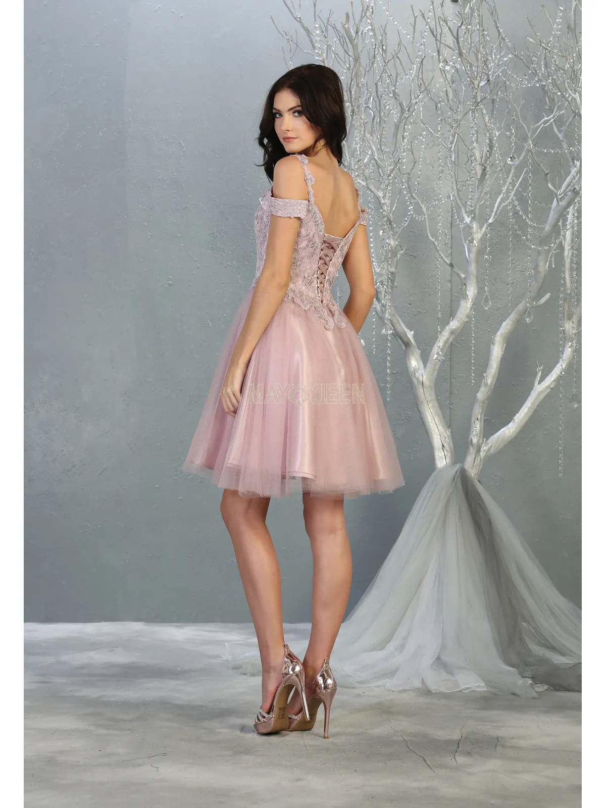 MQ 1809 - Off the Shoulder Tulle Homecoming Dress with Embroidered Lace Bodice & Corset Back