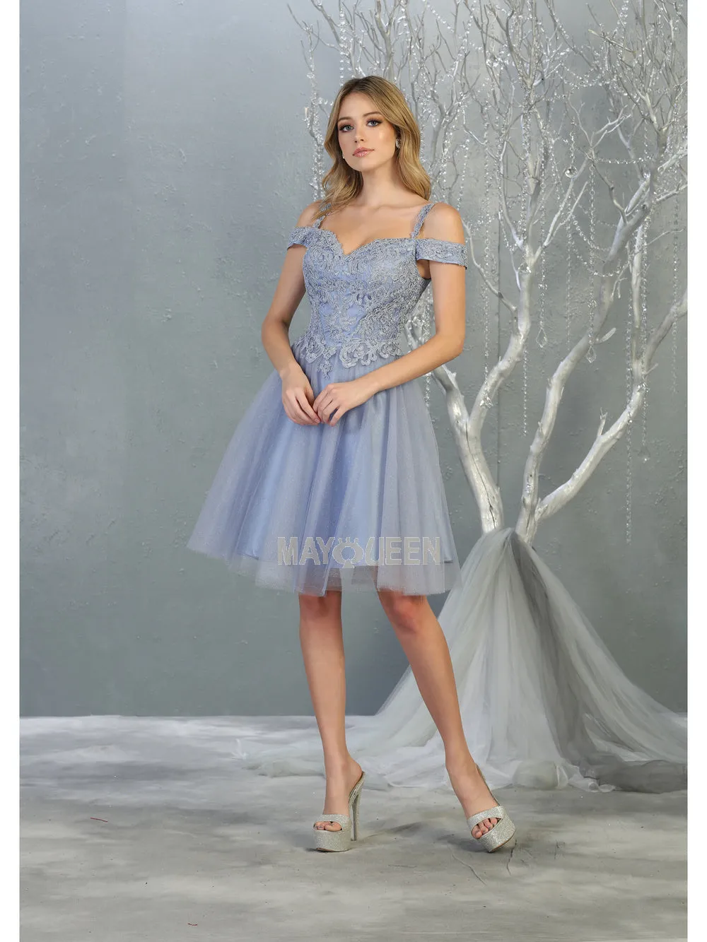 MQ 1809 - Off the Shoulder Tulle Homecoming Dress with Embroidered Lace Bodice & Corset Back